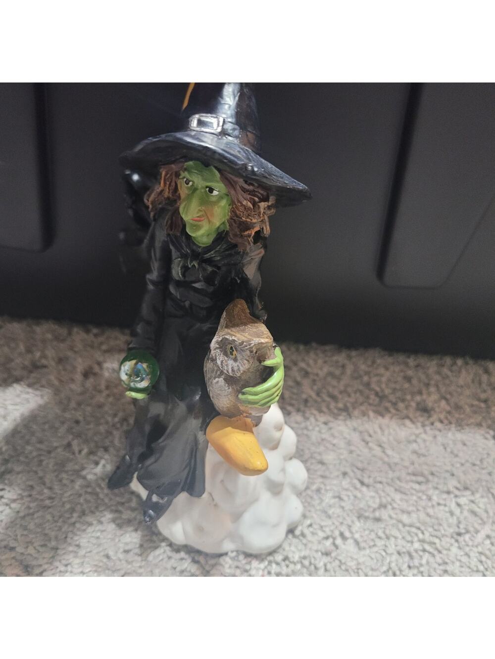 Old Time Pottery Witch on Moon Figurine w/ Owl Halloween Decor 9”